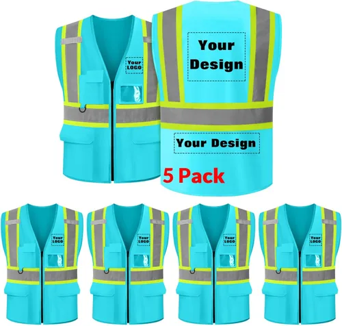 Miniatura 32 de Chaleco de seguridad personalizable con logotipo con 5 bolsillos y cremallera reflectante de alta visibilidad clase 2 ropa de trabajo al aire libre