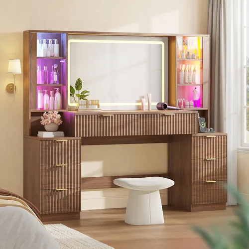 Miniatura 11 de HAUOMS Big Vanity, escritorio de maquillaje de madera estriada con espejo y luces LED de sincronización de sonido, tocador grande, 8 cajones, Roble