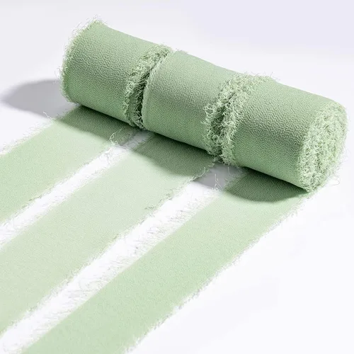 Miniatura 2 de Cinta de gasa, 3 rollos de 21 yardas, color verde salvia, hecha a mano, con flecos, de seda, de 1.5 pulgadas x 7 yardas, juego de cintas