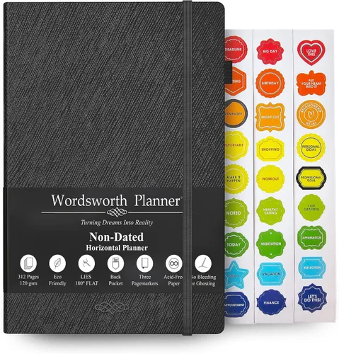 Wordsworth - Agenda semanal y mensual sin fecha, agenda con puntos en blanco, tapa dura, agenda semanal sin fecha, 5.83 x 8.27 pulgadas, papel A5 de