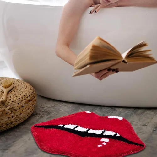Miniatura 4 de Panstar Alfombra de baño de labios rojos, bonita y divertida alfombra de baño con forma de labios mordedores, antideslizante, absorbente, alfombra