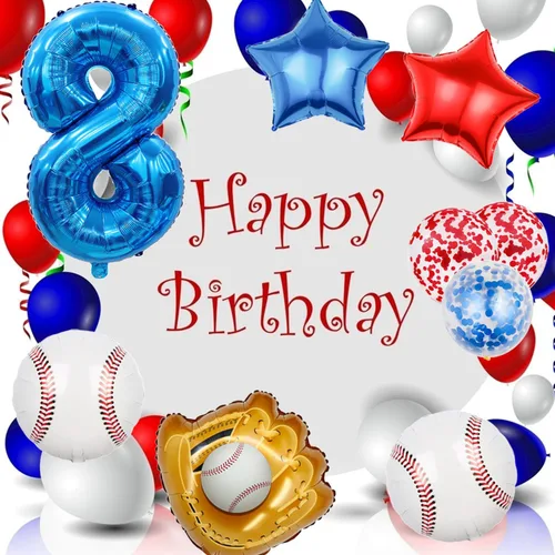 Miniatura 5 de Globos de béisbol de papel de aluminio para decoración de cumpleaños, globos con el número 8, globos de confeti de estrella roja y azul para Béisbol
