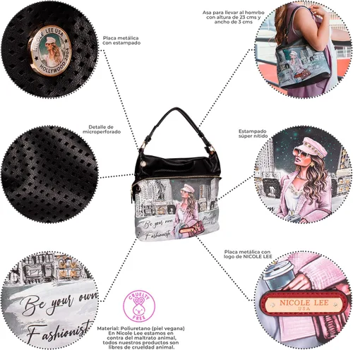 Miniatura 2 de Nicole Lee Sara is - Bolso de hombro grande suave pero fuerte, bolso de mano con tachuelas con adornos de diamantes negros con correa cruzada