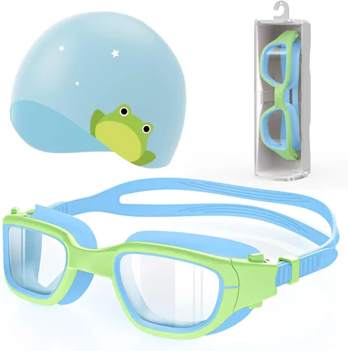 Kids Swim Goggles with Silicone Swim Cap, Swimming Goggles Cap Set for Kids 6-14, Anti-Fog Anti-UV for Boys Girls