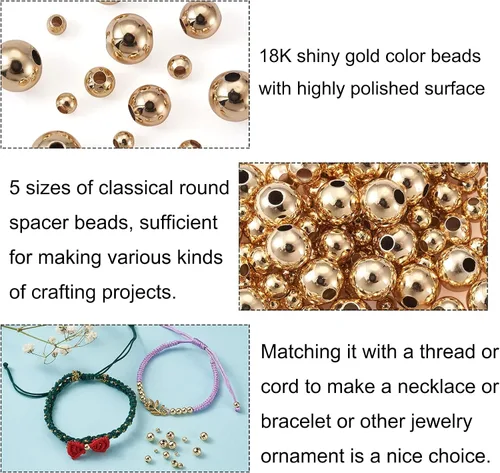 Miniatura 3 de Craftdady 210 cuentas espaciadoras redondas de oro de 18 quilates de 0.079 pulgadas, 0.089 pulgadas, 0.118 pulgadas, 0.118 pulgadas, 0.197 pulgadas