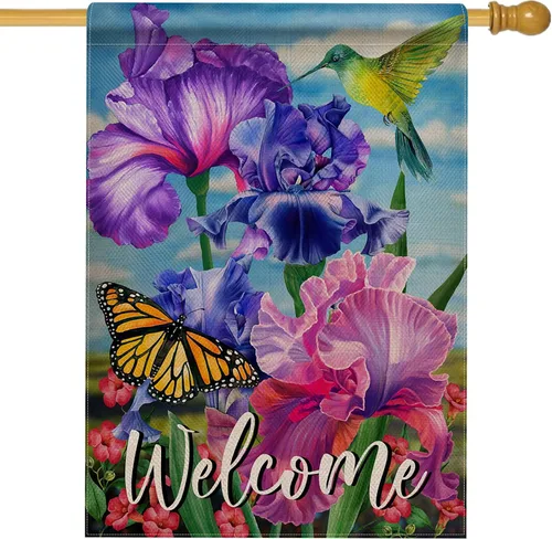 Miniatura 10 de Hzppyz Bandera de bienvenida para jardín de colibrí de primavera de doble cara, flor morada, pájaro amarillo, mariposa, decorativa, casa, patio