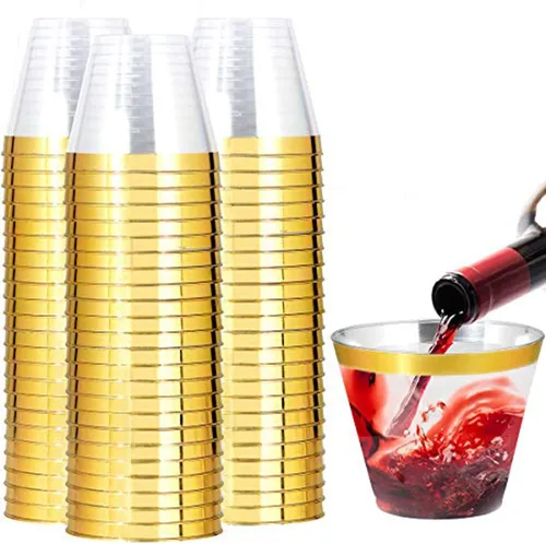 I00000 Paquete de 200 vasos de plástico dorados, elegantes vasos de plástico transparente de 9 onzas, copas de vino desechables con borde dorado,