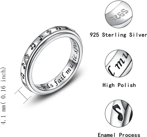 Miniatura 6 de 925 Sterling Silver Spinner Fidget Ring for Women: Musical Note Viking Rune Heartbeat Anxiety Stress Relieving Rotatable Ring Faith Hope Love