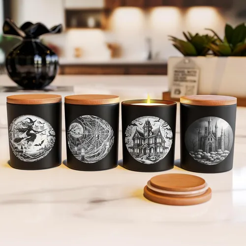 Miniatura 5 de NATIKON Tarros de vela de vidrio negro de 9 onzas con tapas herméticas, paquete de 4 con diseños de casa encantada, castillo y bruja