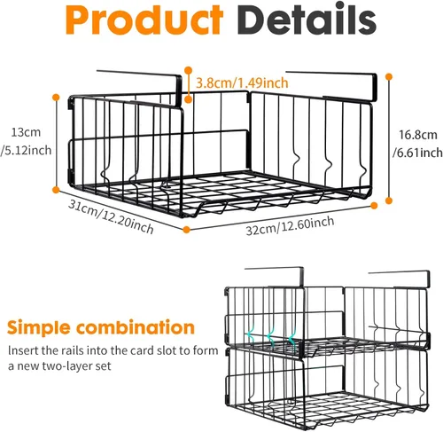 Miniatura 4 de Cestas de almacenamiento para debajo del estante, cesta plegable de acero al carbono debajo del gabinete para armarios de cocina, despensas, Negro 2