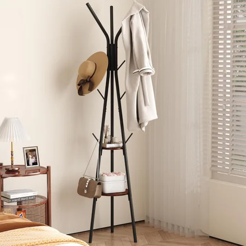 Miniatura 6 de HOMEFORT Perchero, perchero con 2 estantes, árbol de pasillo independiente, colgador de metal para sombreros con 12 ganchos para ropa, sombreros
