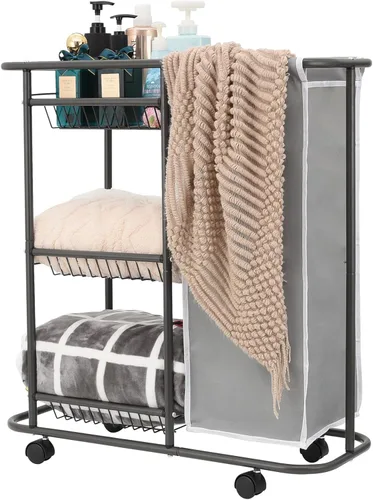 Miniatura 10 de Cesta de lavandería con 3 cestas de almacenamiento y bolsa de 45 L, carrito de lavandería resistente con ruedas y asa, ahorro de espacio, Beige