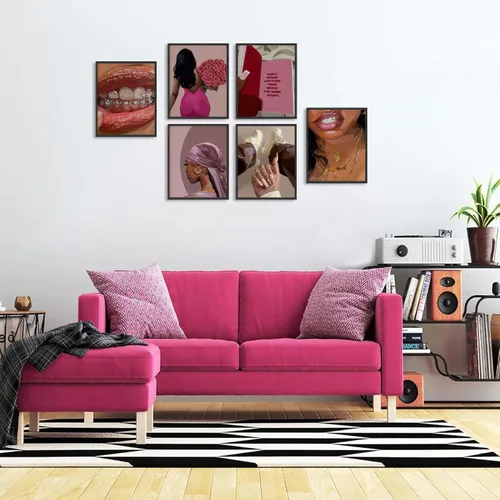 Miniatura 8 de Conjunto de pósteres de mujer negra de 6, arte de pared de mujeres afroamericanas de moda, pinturas decorativas abstractas para recámara y sala