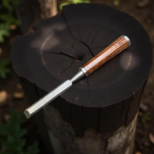 Miniatura 5 de Juego de cinceles de madera de 5 piezas – Cuchillas de borde biselado de acero de Damasco forjadas a mano con cubiertas de cuero y asas