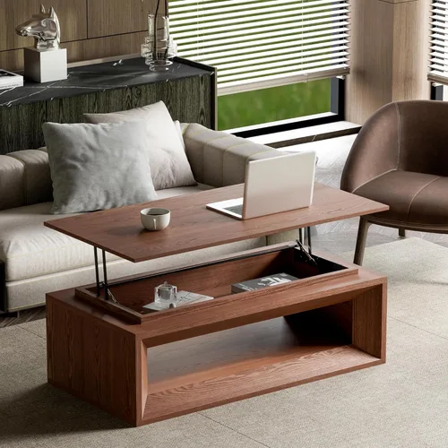 Miniatura 17 de 31.52" Square Lift Top Coffee Table with Storage, Natural Rattan & Hemp Rope, Adjustable Function, Vintage Farmhouse Center Table for Living Room
