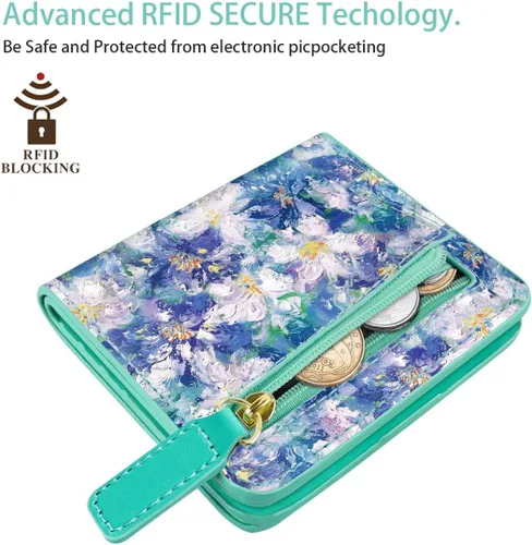 Miniatura 3 de Cartera pequeña con bloqueo RFID para mujer, con bolsillo plegable y compacto, lindo soporte para tarjetas de crédito, ranura para monedas, monedero