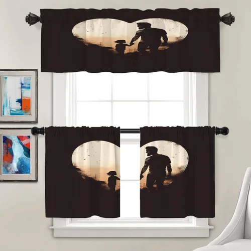 Miniatura 2 de Batmerry Silueta de hombre y niño, marco en forma de corazón con figuras, tratamiento de ventana, cortina corta de cocina multicapa de poliéster