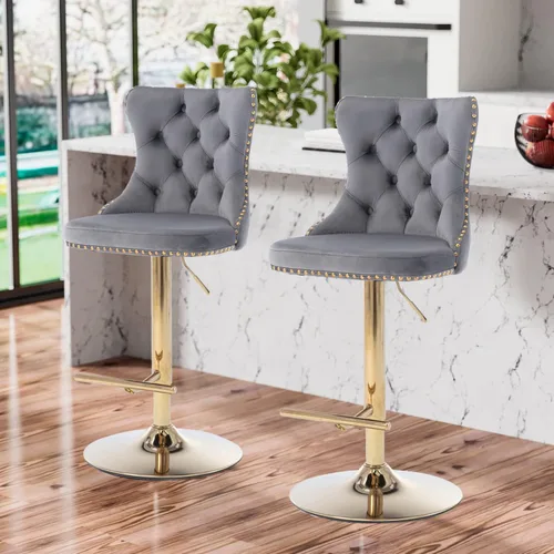 Miniatura 2 de Aoowow Juego de 2 taburetes de bar giratorios ajustables con respaldo de terciopelo copetudo, sillas de bar modernas tapizadas con cabeza de clavo