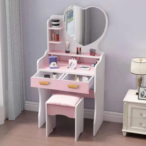 Miniatura 19 de QQXX Juego de tocador grande con espejo, tocador de maquillaje con estantes de almacenamiento y 4 cajones, taburete acolchado para dormitorio