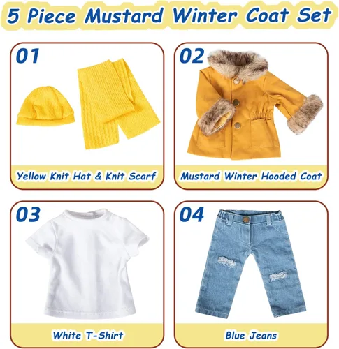 Miniatura 3 de Rakki Dolli Conjunto de Ropa para Muñeca de 18 Pulgadas de 5 Piezas, Conjunto de Abrigo de Invierno Color Mostaza de Moda, Incluye Abrigo Abrigado