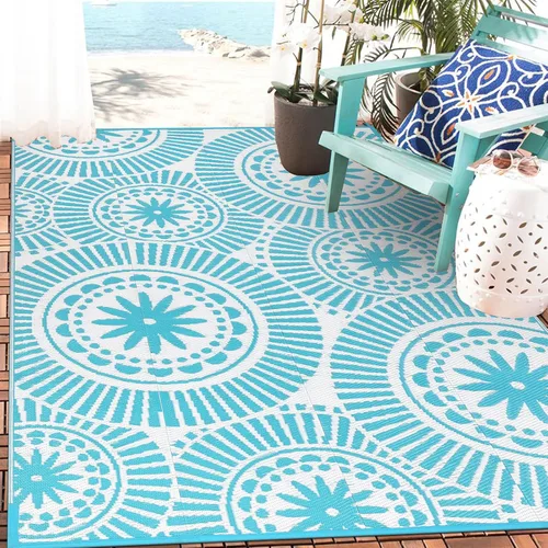 Miniatura 14 de Ileading Alfombra de Paja de Plástico para Exteriores 5x8 pies Estilo Floral Divertido Alfombras de Área Reversibles para Patio Impermeables