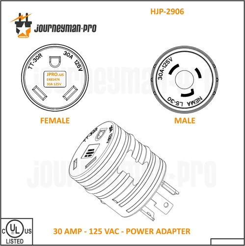 Miniatura 4 de Journeyman-Pro Generador RV Adaptador de corriente L5-30P macho a TT-30R hembra 125 VCA 30 Amp - Convertidor de enchufe de cable eléctrico
