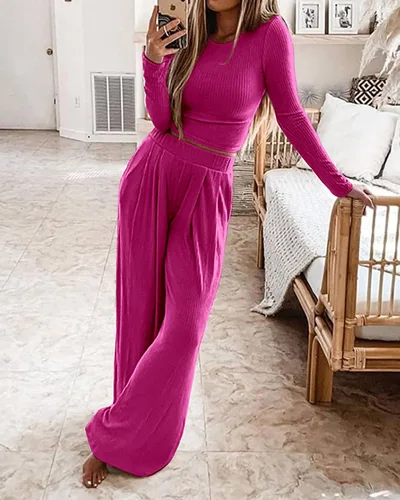Miniatura 2 de BTFBM Conjunto de dos piezas para mujer, de manga larga, ajustado, de punto acanalado, holgado, pantalón de pierna ancha, ropa casual