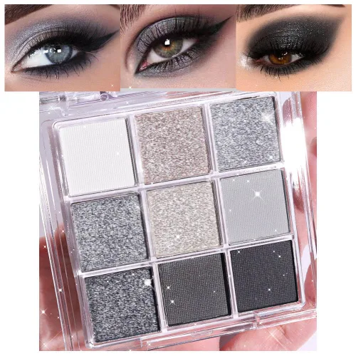 Miniatura 11 de evpct Paleta de sombra de ojos con 9 colores, gris plateado con purpurina, sombra de ojos brillante y ahumada en negro, gris plateado y blanco D-9