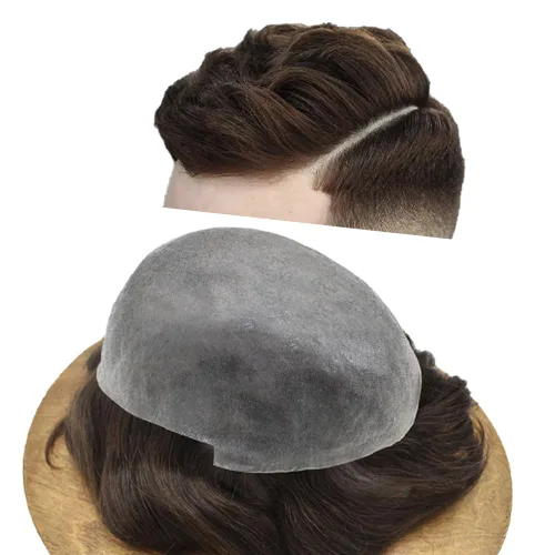 Miniatura 37 de Tupé para hombre, extensiones de cabello humano Remy para hombre, piel fina, 0.002 in, sistema de reemplazo de cabello con bucle en V para hombres