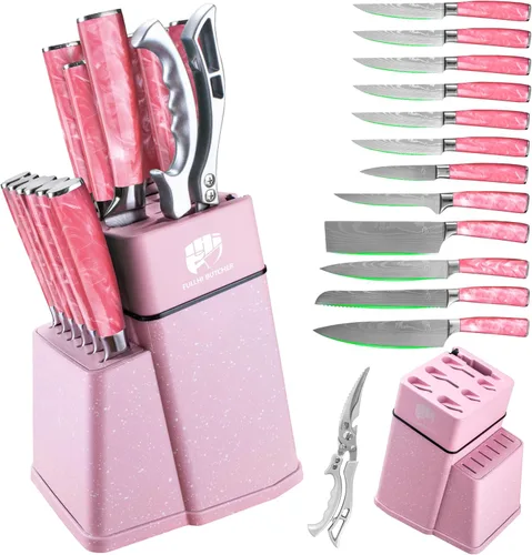 Miniatura 12 de FULLHI Juego de 14 piezas de cuchillos con bloque, juego de cuchillos de chef y de carne con bloque y afilador, juego de cuchillos de cocina, mango