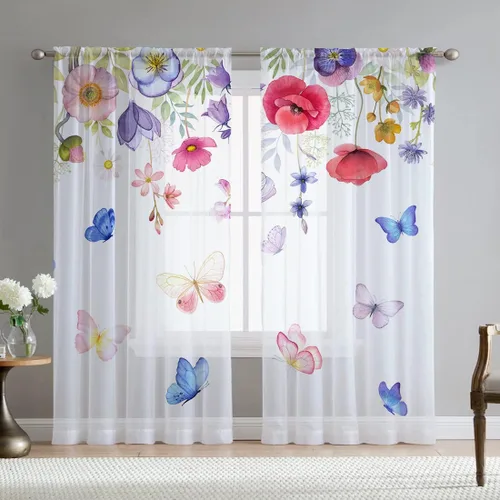 Miniatura 22 de Cortinas de hojas de eucalipto verdes para sala de estar de 63 pulgadas de largo, juego de 2 paneles elegantes de flores silvestres con estampado