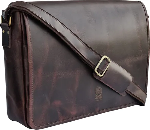Bolso de mensajero de cuero para hombre, 16 pulgadas, de grano completo, para laptop, vintage, cruzado, oficina, bolso de viaje Marrón oscuro