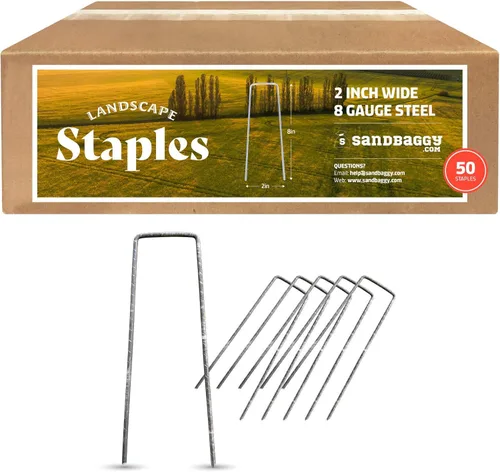 Miniatura 10 de Sandbaggy Grapas de paisaje extra anchas de 8 pulgadas de largo x 2 pulgadas de ancho, pasadores de tela, estacas para cubierta de suelo de jardín