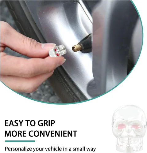 Miniatura 4 de Dickno 5 tapas de vástago de válvula de neumático estilo calavera con anillo de goma, cubiertas de tapones de aire de coche con ojos rojos, tapas