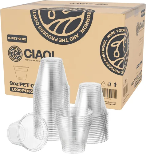 CIAO! Taza de Plástico PET de 9OZ para Bebidas Frías, Ideal para Batidos, Café Helado y Bebidas Frías, 92mm (Caja de 1,000)