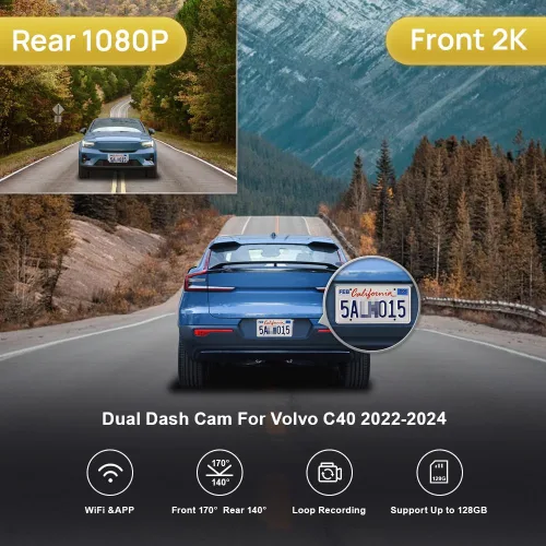 Miniatura 2 de Fitcamx La cámara de tablero delantera 2K y trasera 1080P se adapta para Volvo C40 Recharge EC40 2022-2025, estilo OEM, video HD dual, grabación