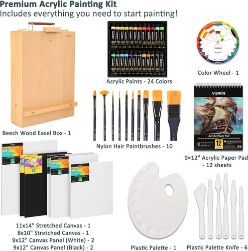 Miniatura 2 de VISWIN Juego de pintura acrílica de 51 piezas con caballete de mesa, kit de pintura con 12 pinturas acrílicas, lienzos, pinceles, paleta, bloc
