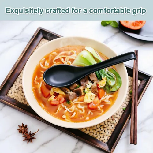Miniatura 4 de Kyraton Juego de 24 cucharas de sopa asiática con mango largo fácil de sostener, cuchara japonesa de plástico irrompible para ramen, wonton chino