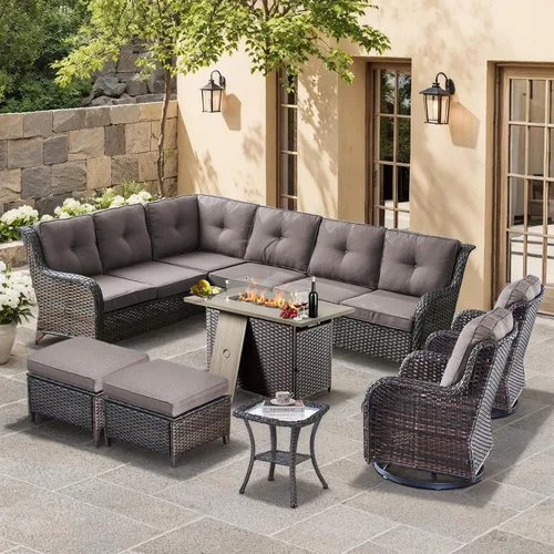 Miniatura 29 de HUMMUH Sillas Mecedoras Giratorias de Mimbre para Patio Exterior con Respaldo Alto, Sillas Deslizantes de Ratán PE, Juego de Muebles de Patio de 4