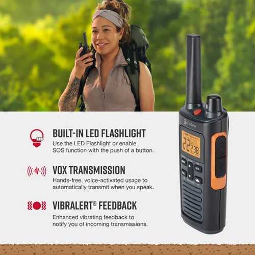 Miniatura 4 de Cobra RX680 Paquete de 2 Walkie Talkies y Auriculares de Vigilancia Compatibles Cobra GA-SV01 2P: Radios Bidireccionales Rugosas y Resistente a