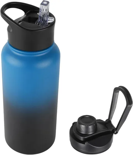 Miniatura 90 de Botella de agua aislada de 64 onzas con tapas de pajita y boquilla, jarra de agua de acero inoxidable de medio galón con mango de paracord, vacío