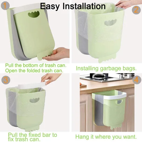 Miniatura 4 de Cubo de basura colgante de cocina, cubo de basura pequeño plegable para puerta de armario de cocina, contenedor de basura de plástico plegable Verde