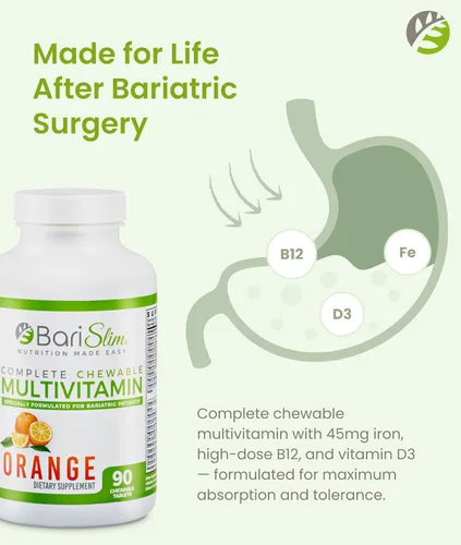 Miniatura 3 de BariSlim Tabletas multivitamínicas bariátricas masticables completas, 45 mg de hierro, vitamina bariátrica y suplemento para cirugía posbariátrica