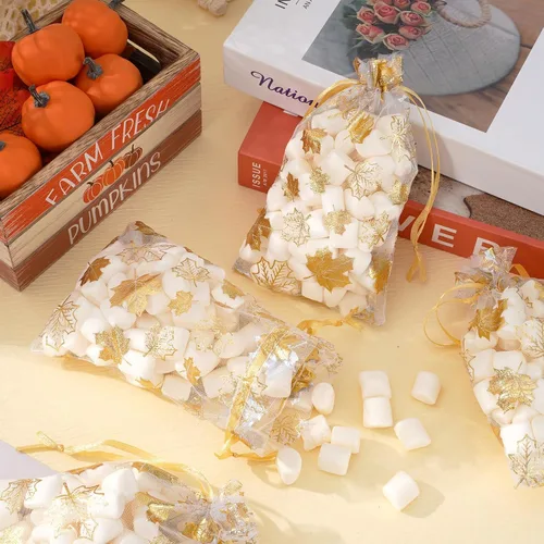 Miniatura 5 de Whaline 100 bolsas de organza de otoño con cordón de hojas de arce doradas, bolsas de regalo de joyería de Acción de Gracias, bolsa de regalo