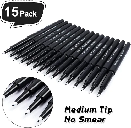Miniatura 2 de Lelix Bolígrafos de punta de fieltro, paquete negro de 15 unidades, punta media de 0.7mm, marcadores de punta de fieltro para diario, escritura