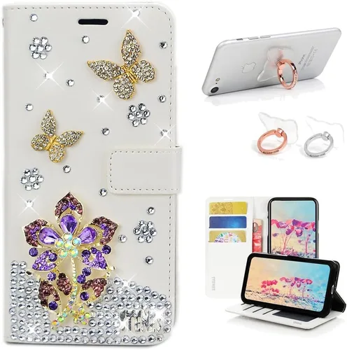 Miniatura 11 de Bling - Funda tipo cartera compatible con iPod Touch 5 y iPod Touch 6, elegante funda de piel con diseño de estrella y mariposa 3D hecha a mano