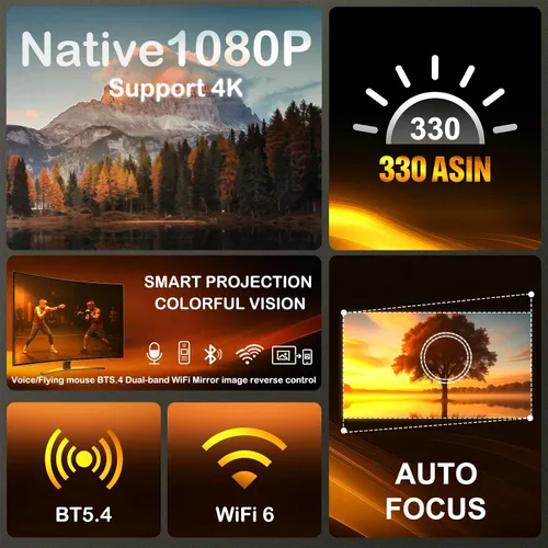 Miniatura 2 de WOOPKER Mini proyector HY260 Pro actualizado con WiFi y Bluetooth 5.4, enfoque automático/Keystone, soporte nativo 1080P para 4K, control remoto Air