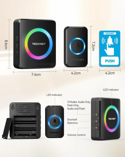 Miniatura 7 de TECKNET Timbre inalámbrico, timbre de puerta de 0 a 120 dB, rango de batería de 1300 pies, timbres de aula IP66 impermeables, 60 campanadas y 5