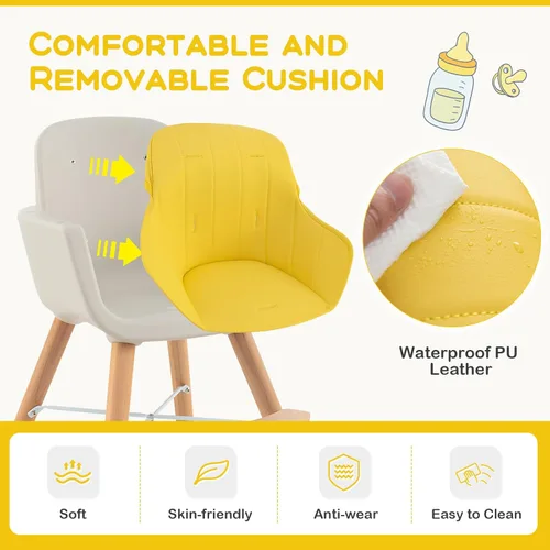 Miniatura 7 de BABY JOY Trona convertible para bebé, 3 en 1, silla alta de madera/asiento elevador/silla con bandeja extraíble, patas ajustables, arnés de 5