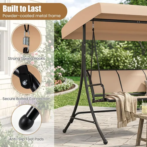 Miniatura 5 de Tangkula 3 Person Porch Swing, Patio Swing with Adjustable Canopy, Heavy-Duty Frame, Breathable Fabric, Outdoor Swing for Porch, Garden, Backyard